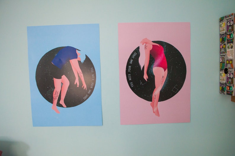 set of 2 Illustrated Wall Art Postcard A3 A4 A5 sizes Mental health Anxiety Thoughtful Spiritual Need Space Art Prints