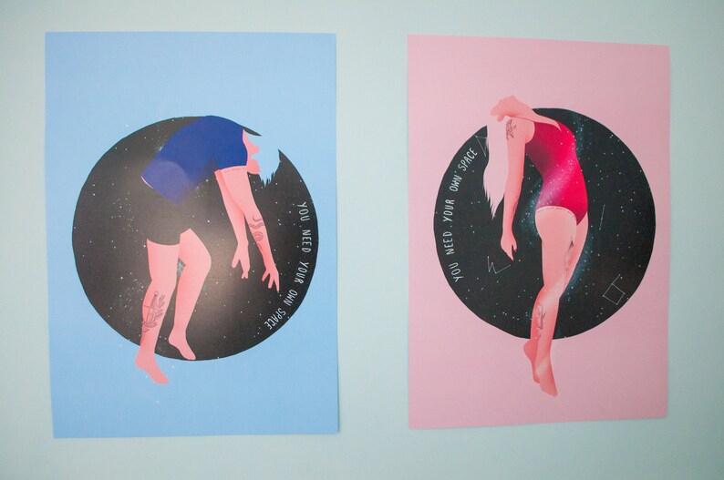 set of 2 Illustrated Wall Art Postcard A3 A4 A5 sizes Mental health Anxiety Thoughtful Spiritual Need Space Art Prints