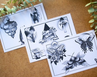 Set of 3 Tattoo Flash Sheet Prints A5 | Artwork, Tattoo, Insects, Moths, Butterflies, Mushrooms, nature, gothic, wall art