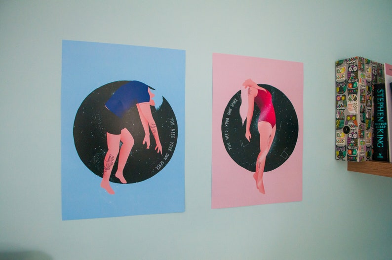 set of 2 Illustrated Wall Art Postcard A3 A4 A5 sizes Mental health Anxiety Thoughtful Spiritual Need Space Art Prints