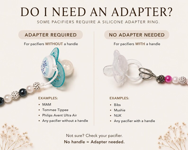 Peut inclure: Un graphique informatif intitul&eacute; DO I NEED AN ADAPTER? pr&eacute;sentant deux types de sucettes. &Agrave; gauche, une sucette turquoise sans anneau n&eacute;cessite un adaptateur en silicone. &Agrave; droite, une sucette transparente avec anneau n'en n&eacute;cessite pas.