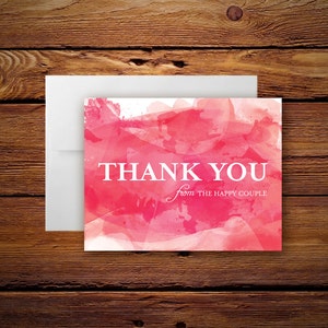 Cartes de remerciement imprimables à l'aquarelle rose, cartes de remerciement de mariage à imprimer bricolage avec un design à l'aquarelle rose