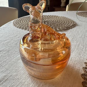 Vintage Jeanette Peach Lusterware Carnival Glass Powder Jar Trinket Box Scottish Terrier Scottie Dog Iridescent Glass perfect condition