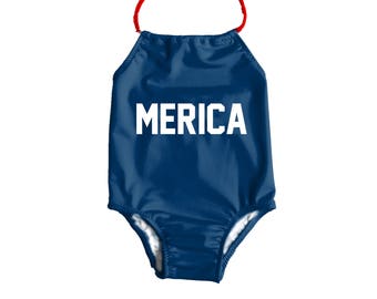 Girls One Piece Swimsuit ~ Toddlers Halter Bathing Suit ~ Toddler Girl Swimsuit ~ 4th of July America Swimsuit ~ Size 12M to 6T