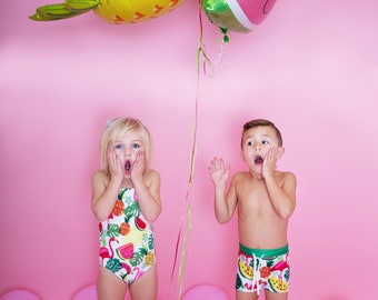 Brother and Sister matching swimsuits, boy and girl matching swimwear, siblings matching swimsuits, matching bathing suits, tutti frutti