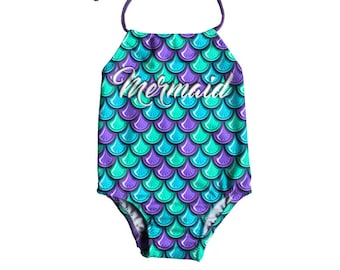 Girls One Piece Swimsuit ~ Toddlers Halter Bathing Suit ~ Toddler Girl Swimsuit ~ Mermaid Print Swimsuit ~ Size 12M to 6T