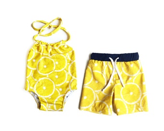 Brother and Sister matching swimsuits, lemonade party matching outfits, siblings swimsuits, yellow lemon swimsuit