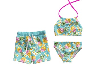 Brother and Sister matching swimsuits, Hawaiian pineapple floral matching outfits, siblings swimsuits, Hawaiian swimsuit, Hawaii swim shorts