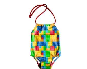 Chicas traje de baño de una pieza - Traje de baño Halter para niños pequeños - traje de baño para niños pequeños , niños pequeños Lego impresión - Tamaño 12M a 6T
