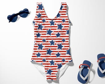 Girls Swimwear Stars And Stripes, 4th of July Swimsuit Kids, American Print Bathing Suit