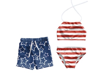 Brother and Sister matching swimsuits, 4th of july matching outfits, american swimsuits, stars and stripes matching outfit