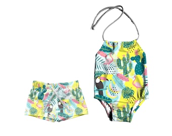 Brother and Sister matching swimsuits, pool party matching outfits, siblings matching swimsuits, tropical print swimsuits