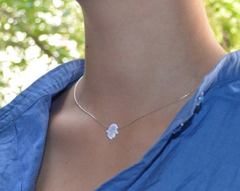 Opal Hamsa Necklace Silver, Opal necklace, Protection necklace, Opal jewelry, Opal hand necklace, Hand of hamsa necklace, Lucky necklace
