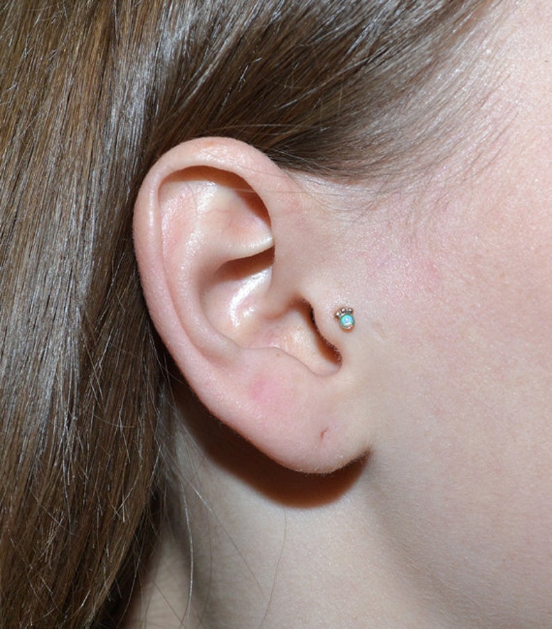 Gold Nose Stud, Blue Opal Nose piercing, Tragus earring, Helix earring stud, Cartilage stud, Nose ring, Conch piercing 20 gauge image 3