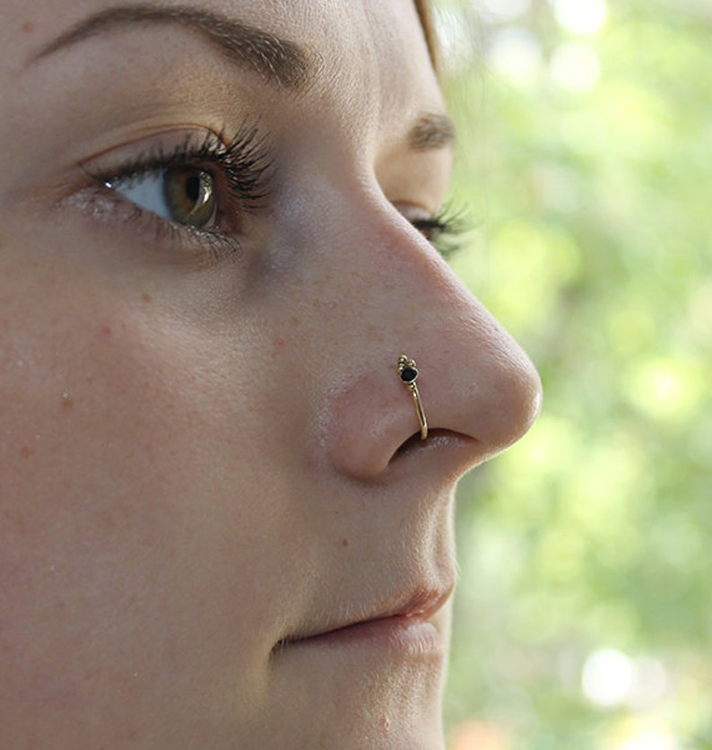 Gold Nose Ring, Nose jewelry, Onyx nose ring, Nose hoop, Nose piercing, Nose ring 18g