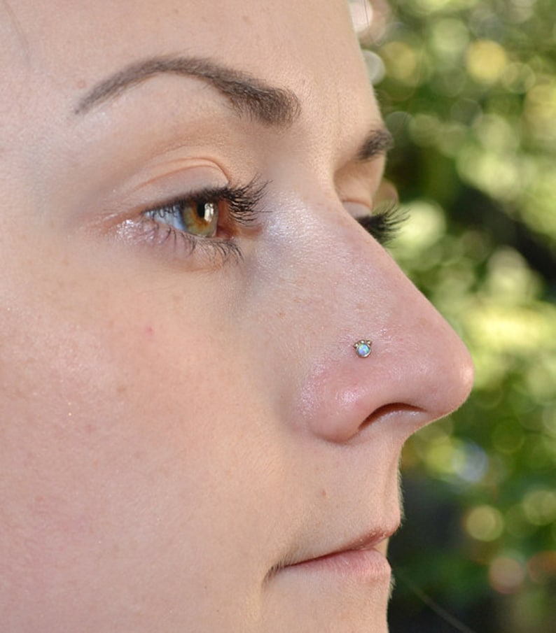 Gold Nose Stud, Blue Opal Nose piercing, Tragus earring, Helix earring stud, Cartilage stud, Nose ring, Conch piercing 20 gauge image 2