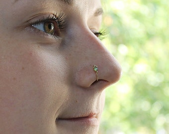 Gold Nose Ring 2mm Green Opal, Nose piercing 20 gauge, Septum jewelry, Helix earring, Cartilage hoop, Tragus ring, Conch piercing, 20g Rook