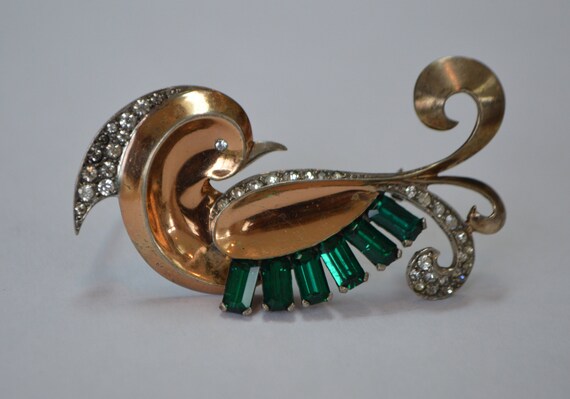 Broche Vintage Marcel Boucher - Oiseau Décoratif En Strass Rouge Rubis Et Plaqué Or - Excellent état