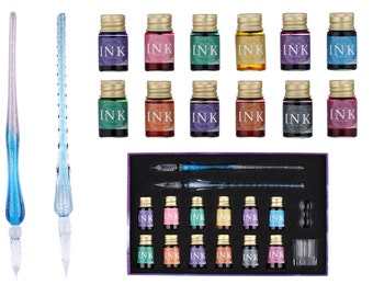 Glass Calligraphy Pen and Ink Set, Includes 2 Glass Dip Pen, 12 Colors Ink, Pen Holder, Cleaning Cup and Gift Box for Beginners