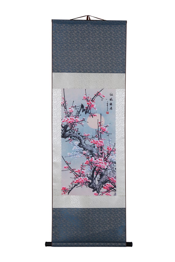 FOVNOT Asian Silk Wall Scroll - Oriental Flowers Plant Decor