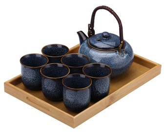Blue Ceramic Tea Set, 1 Large Capacity Teapot with Infuser, 6 Tea Cups, 1 Tea tray