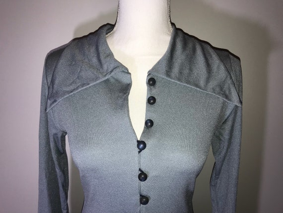 Vintage 70's Long Sleeved Blue/Gray Polyester Dre… - image 2