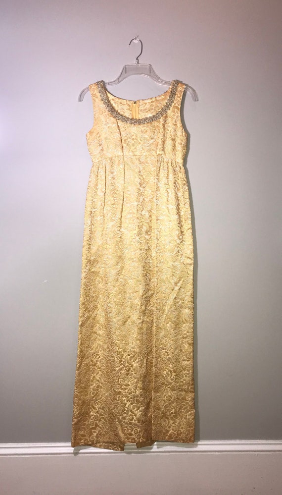 Vintage 60's Handmade Gold Brocade Empire Dress / 