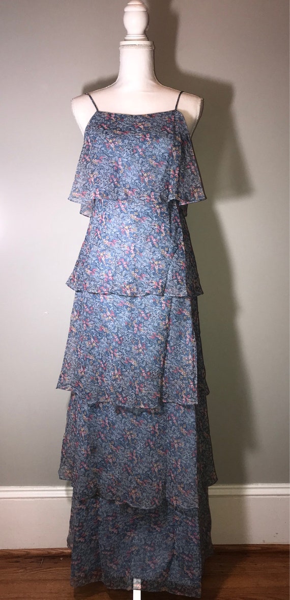 Vintage 70's Floral 5 Tier Spaghetti Strap Dress … - image 1