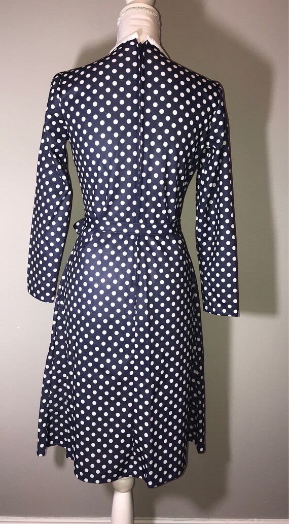 Vintage 70's Navy and White Polka Dot Dress with … - image 4