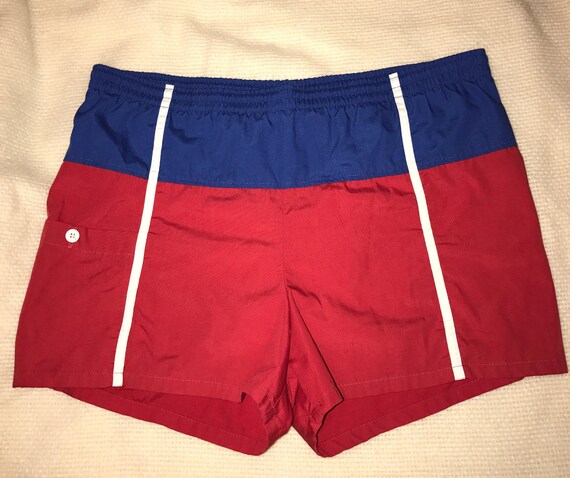 red and blue swim trunks