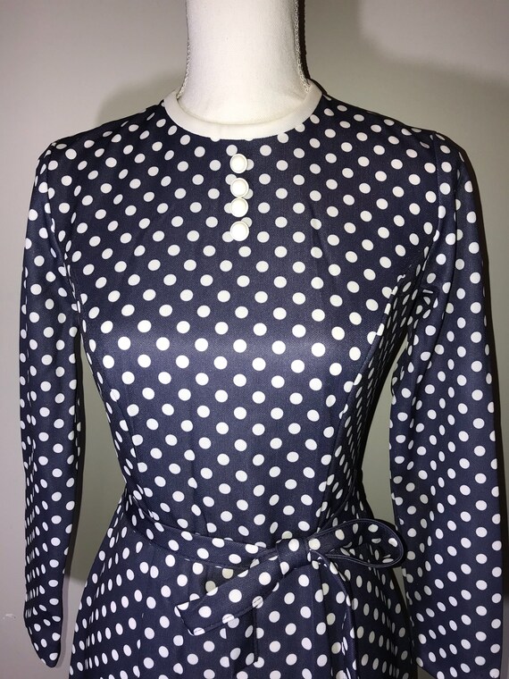 Vintage 70's Navy and White Polka Dot Dress with … - image 3