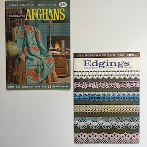 May include: Two vintage booklets. The first, "Afghans," features a teal and orange afghan design. The second, "Edgings," showcases various crochet and knitted lace patterns in white, pink, blue, and yellow.