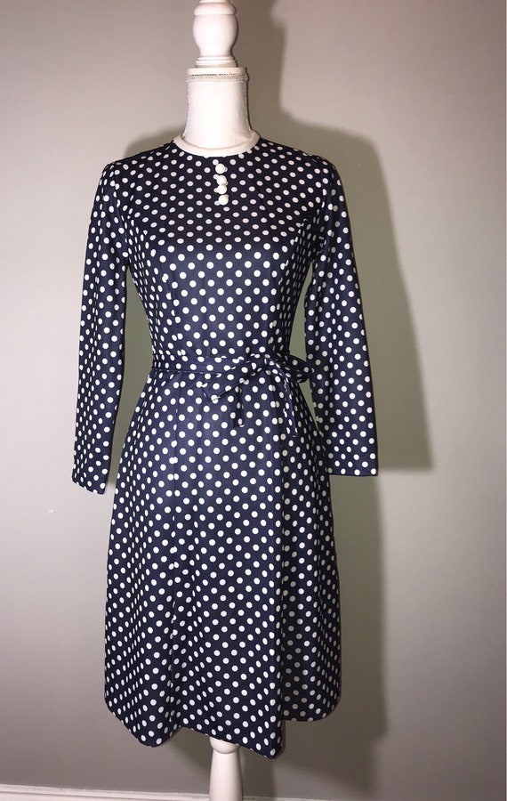 Vintage 70's Navy and White Polka Dot Dress with … - image 1