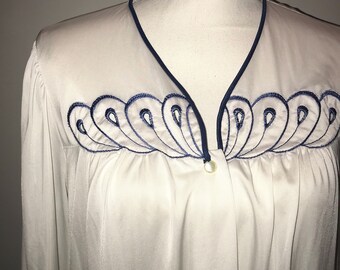 VTG 70's White Nylon Robe with Blue Details / size medium / by Shadowline