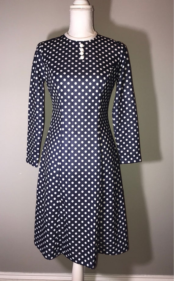 Vintage 70's Navy and White Polka Dot Dress with … - image 5