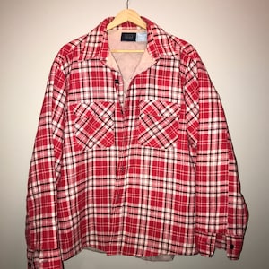 Vintage 70&#39;s Red Plaid Perma-Prest Flannel Button Down / size XL 17/17.5 / by Sears