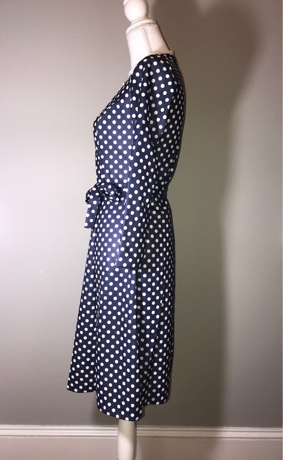 Vintage 70's Navy and White Polka Dot Dress with … - image 2