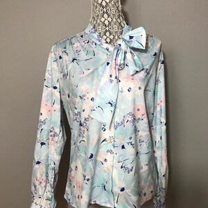 70s Large White /& Navy Blue DAISY Print BLUSE by Cape Cod Match Mates USA Long Sleeved e