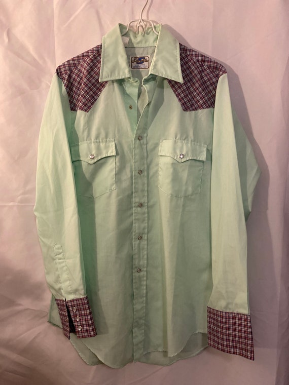Vintage 70's Mint Green Western Shirt Extra Long … - image 1