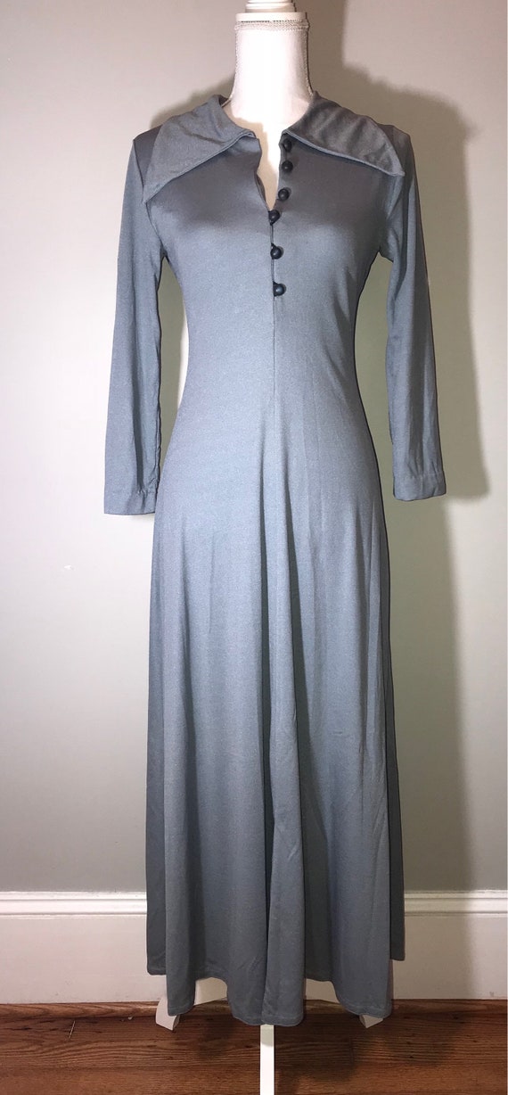 Vintage 70's Long Sleeved Blue/Gray Polyester Dre… - image 1