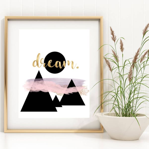 Dream girl nursery kids room mountain boho printable wall art cheap affordable decor clouds watercolors