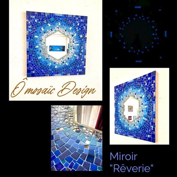 Miroir mural carré 40 x 40 cm et hexagone - « Rêverie » mosaïque bleue et irisée