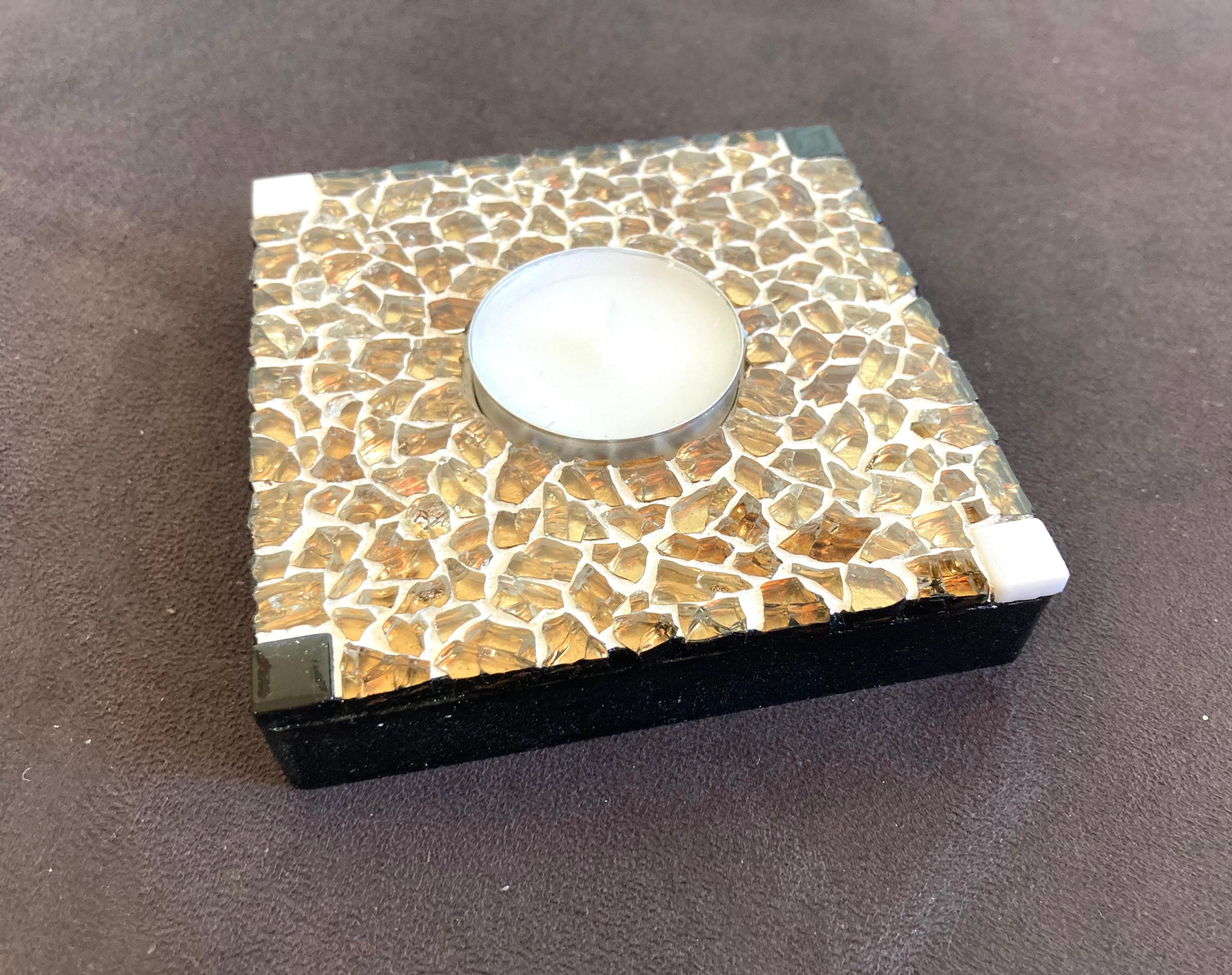 Bougeoir Gold/Porte-Bougie avec Décoration Mosaïque de Verre Or