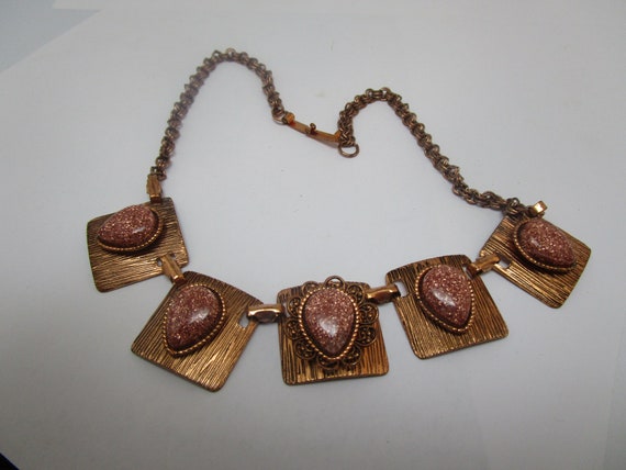 Retro Mid Century Solid Copper & Goldstone Neckla… - image 2
