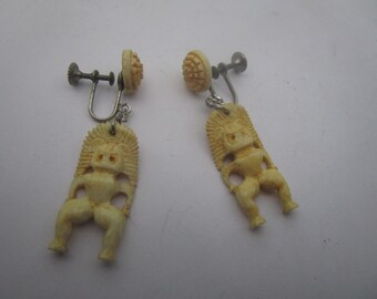 Antique Hand Carved Aztec gods Dangle Screw Back Earrings