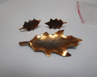 Antique Sterling Silver & Copper Oak Leaf Brooch and Earring Set