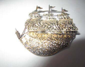 Vintage 1940's Sterling Silver Fancy Filigree Brooch Sailing Ship