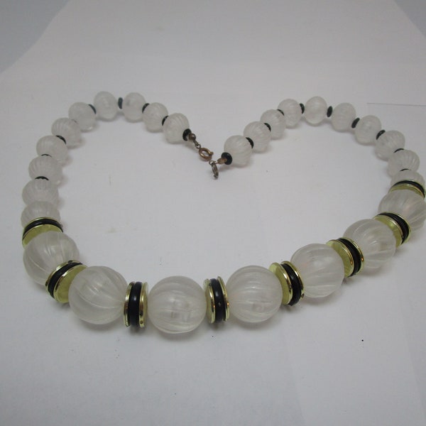 1960's Mid Century Black Gold & Frosted Lucite Beaded Necklace