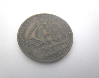 Antique Bronze Trade Token Medal Frigate Constellation