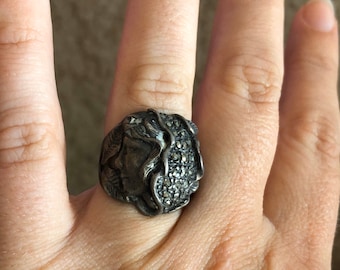 Antique Art Nouveau Ladies Face with Marcasite Flowing Hair Sterling Silver Ring